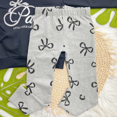Conj. Blusa de Moletom com Capuz Paris e Calça Legging Laços - Preto e Mescla